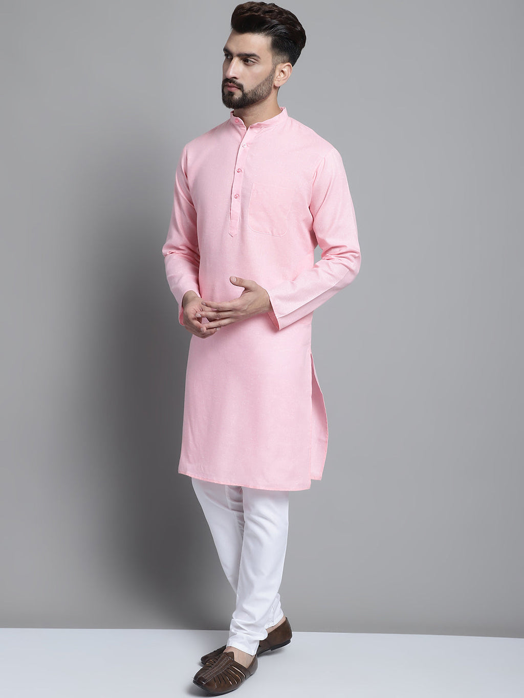 Jompers Men's Solid Pure Cotton Kurta With Pyjamas - Pink | Grocsy