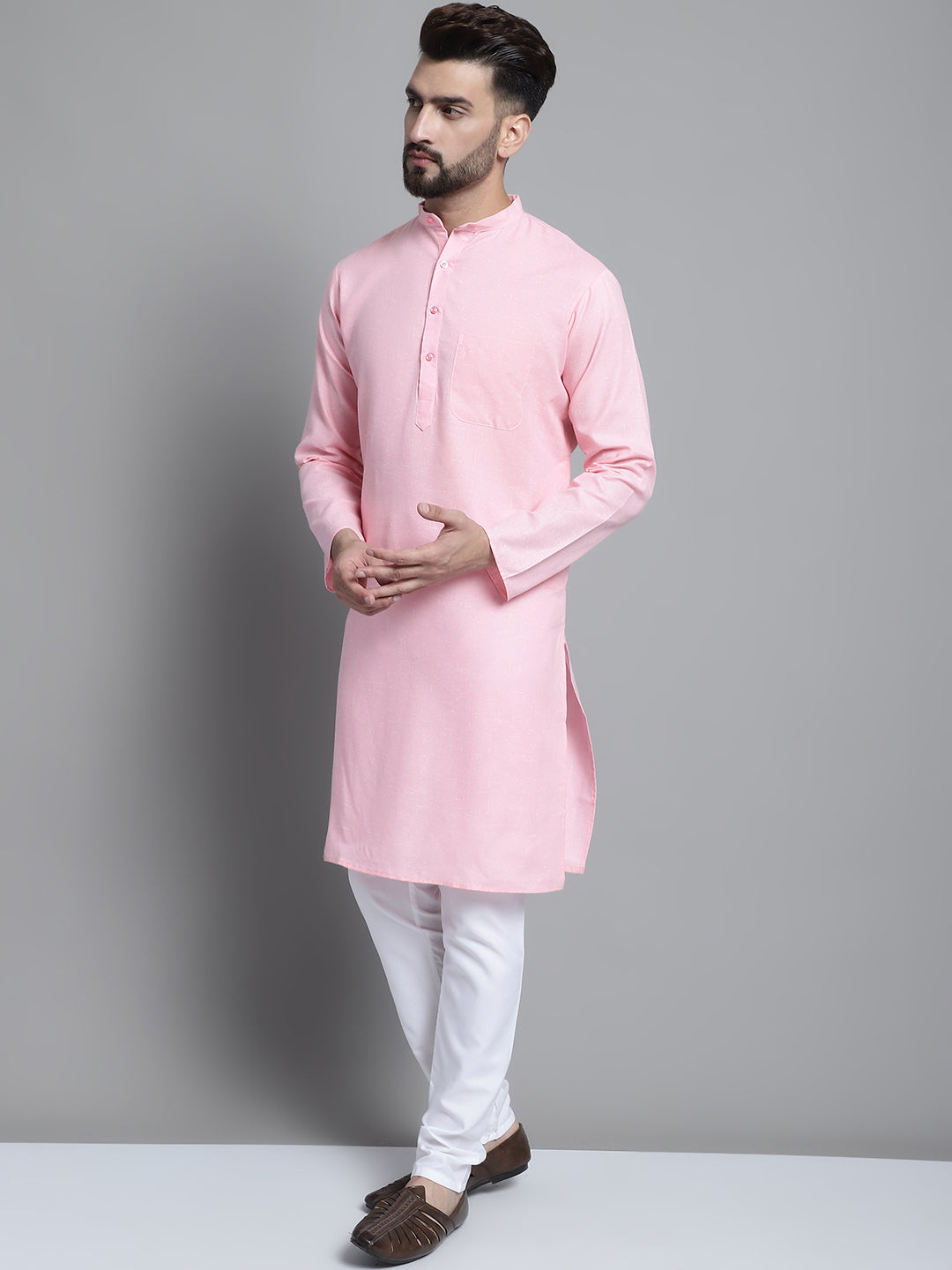Jompers Men's Solid Pure Cotton Kurta With Pyjamas - Pink | Grocsy