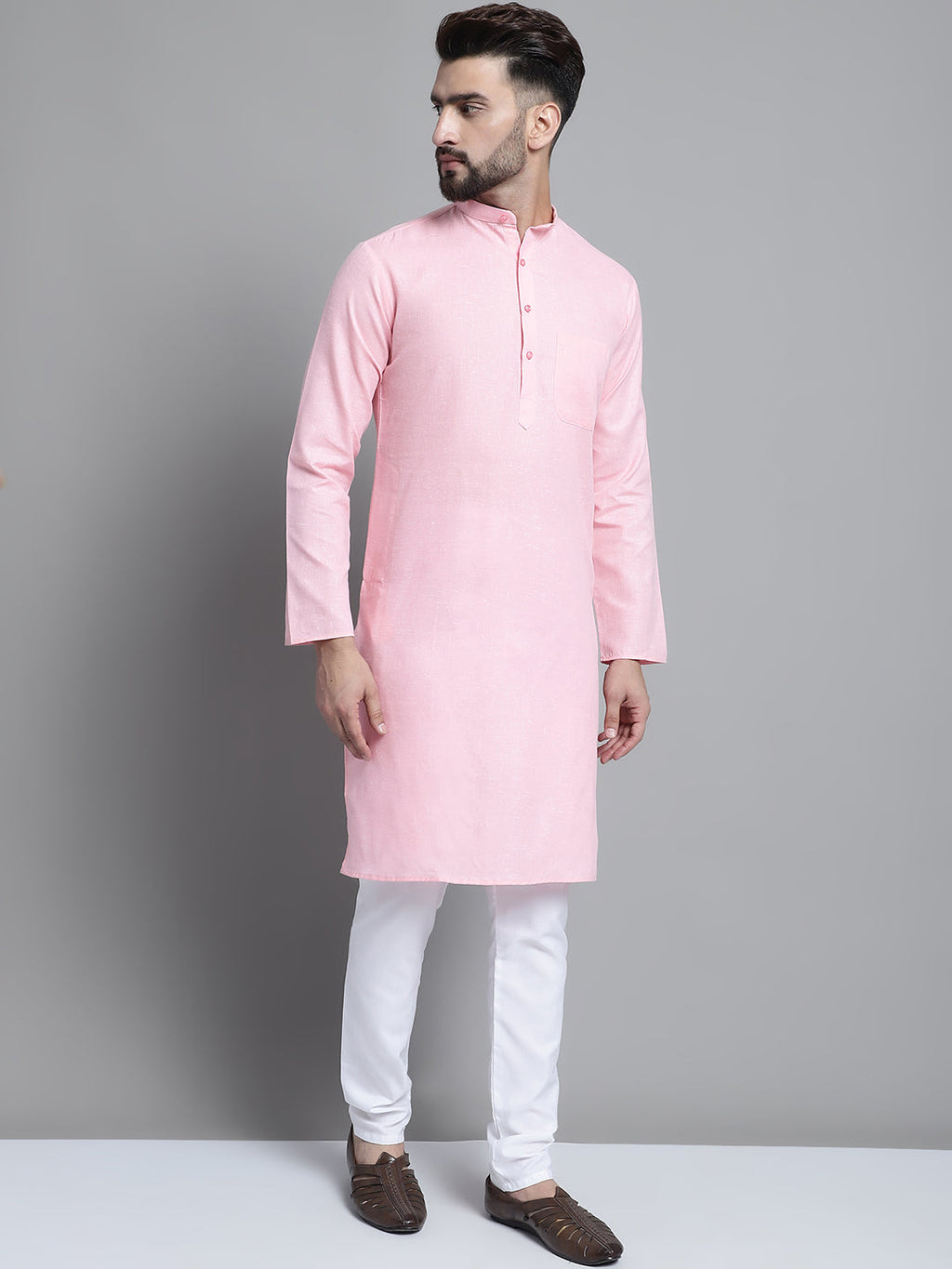 Jompers Men's Solid Pure Cotton Kurta With Pyjamas - Pink | Grocsy