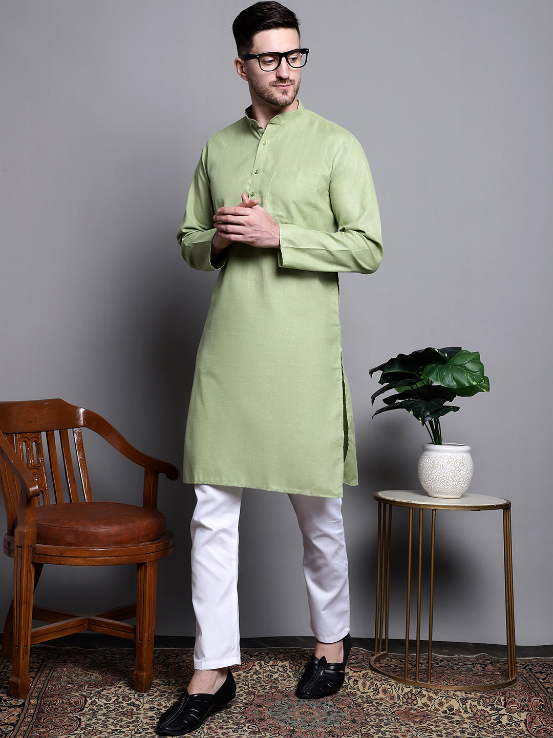 Jompers Men's Pure Cotton Kurta with Churidar - Pista | Grocsy