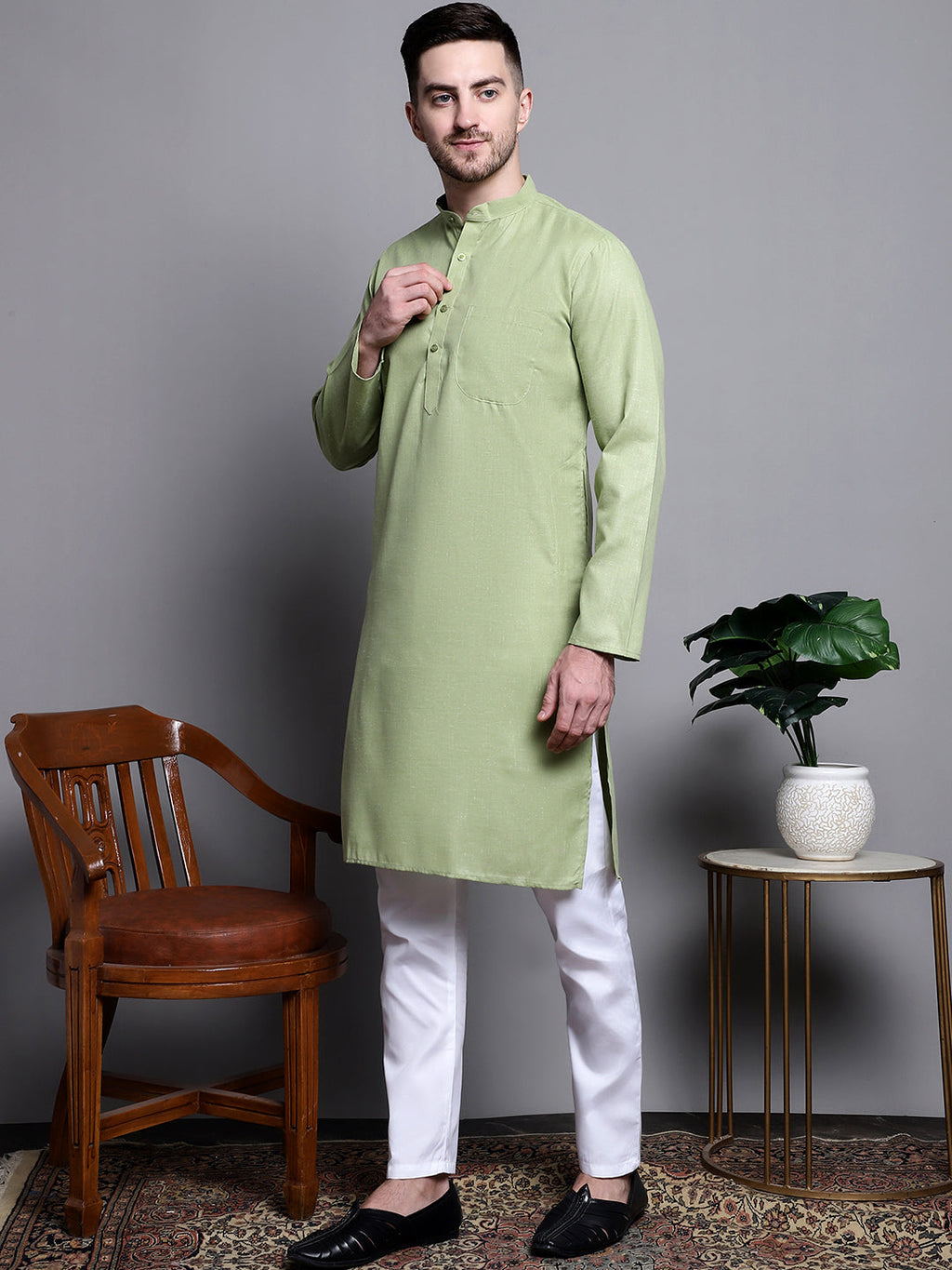 Jompers Men's Pure Cotton Kurta with Churidar - Pista | Grocsy