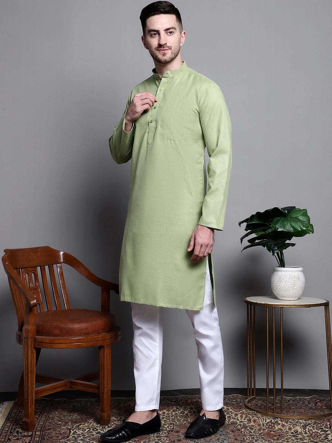 Jompers Men's Pure Cotton Kurta with Churidar - Pista | Grocsy