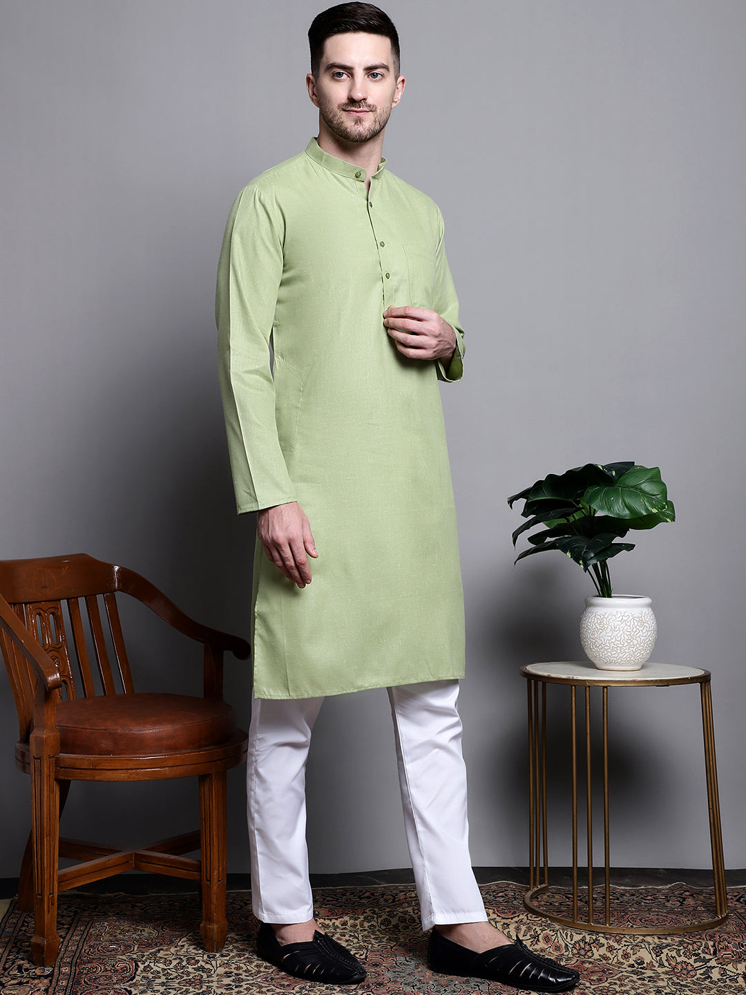Jompers Men's Pure Cotton Kurta with Churidar - Pista | Grocsy