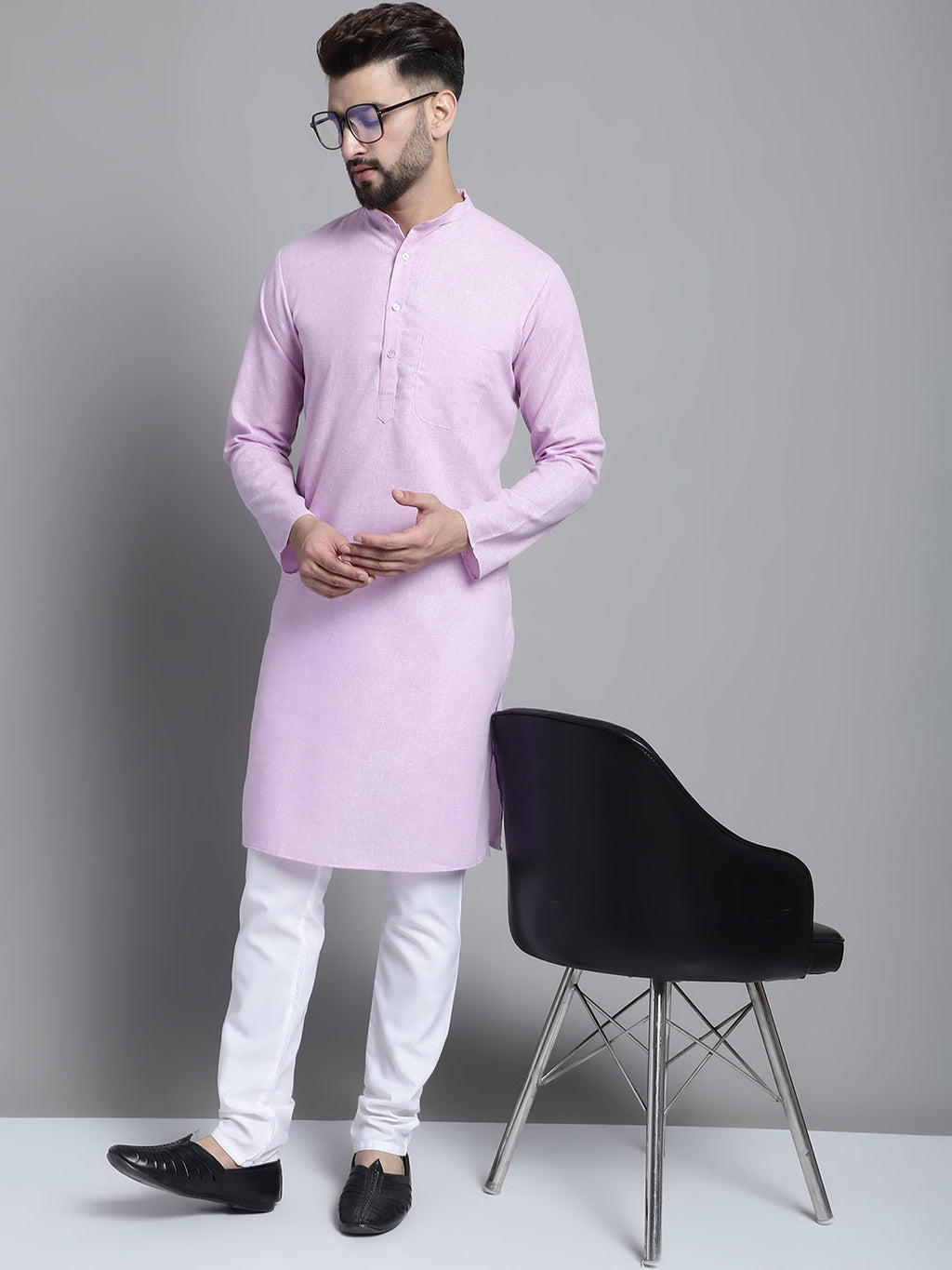 Jompers Men's Solid Pure Cotton Kurta With Pyjamas - Purple | Grocsy