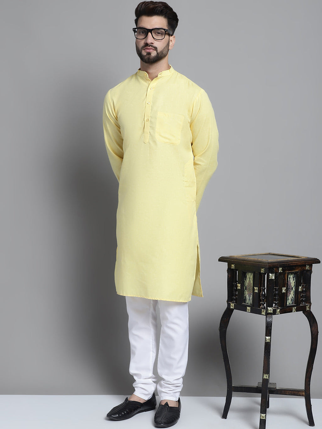 Jompers Men's Solid Pure Cotton Kurta With Pyjamas - Yellow | Grocsy