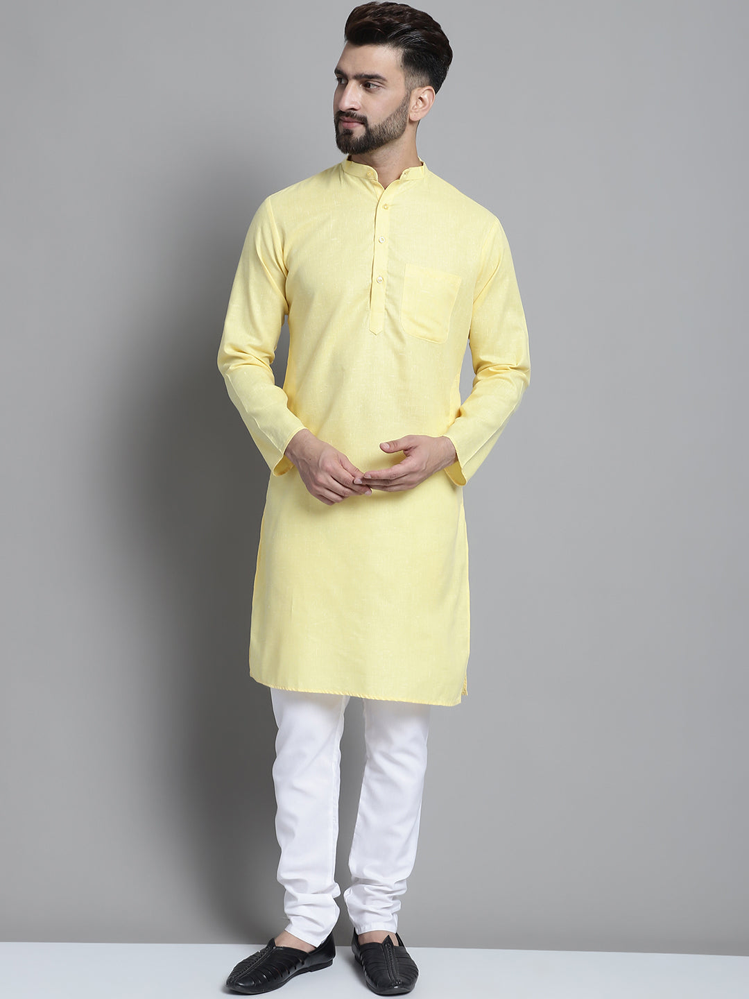 Jompers Men's Solid Pure Cotton Kurta With Pyjamas - Yellow | Grocsy
