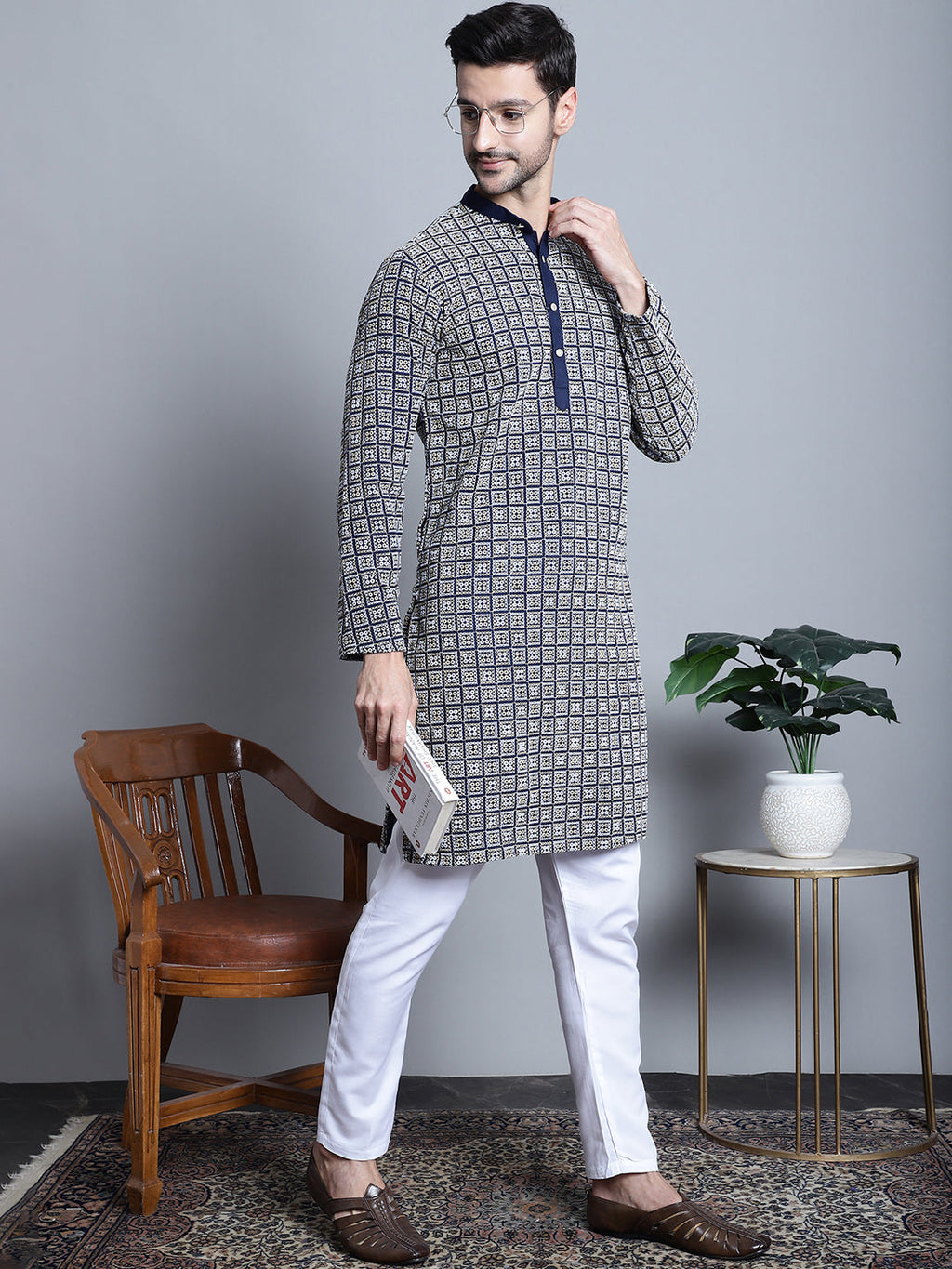 Jompers Men's Navy Blue Embroidered Kurta with Pyjama | Grocsy