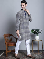 Jompers Men's Navy Blue Embroidered Kurta with Pyjama | Grocsy