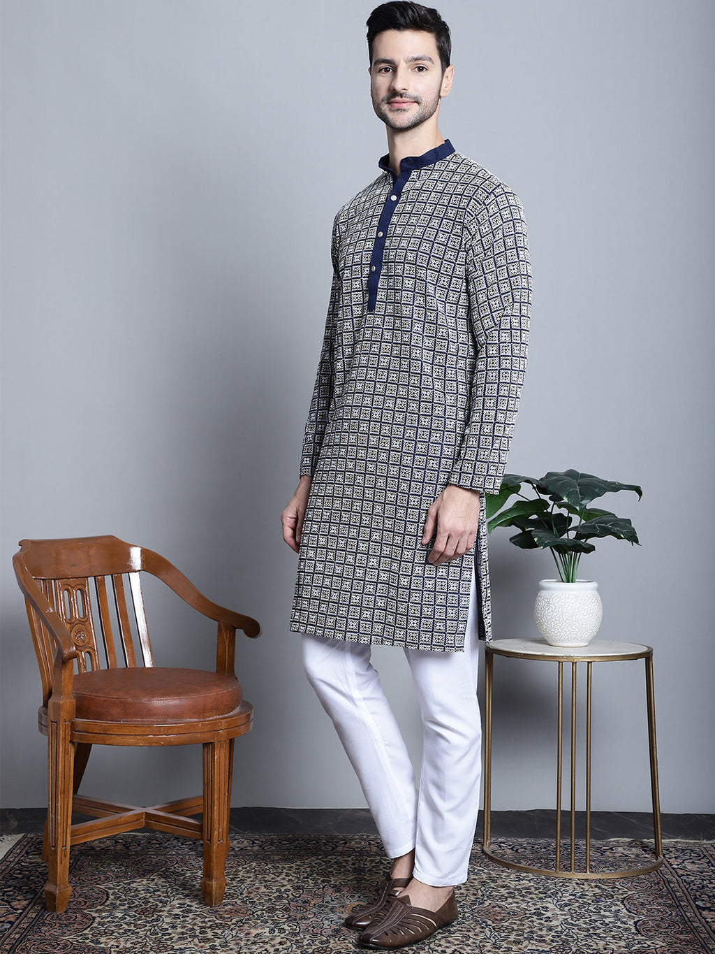 Jompers Men's Navy Blue Embroidered Kurta with Pyjama | Grocsy