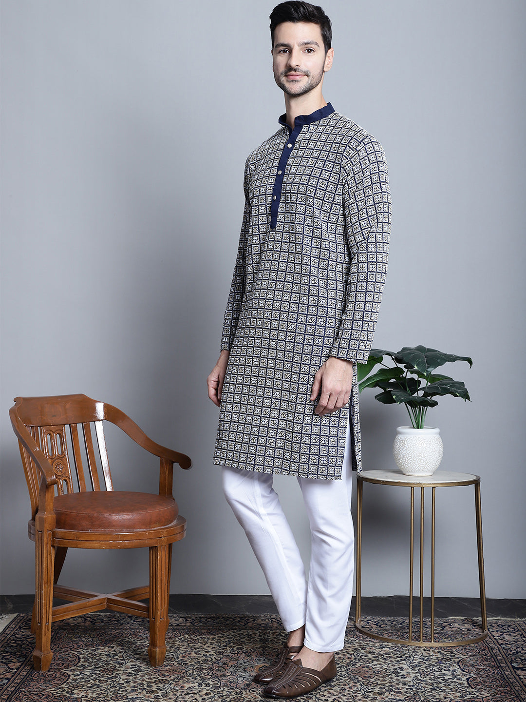 Jompers Men's Navy Blue Embroidered Kurta with Pyjama | Grocsy