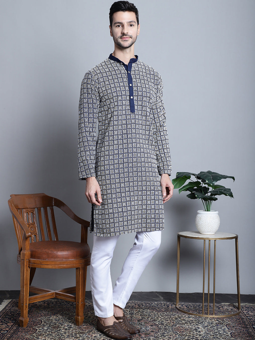 Jompers Men's Navy Blue Embroidered Kurta with Pyjama | Grocsy