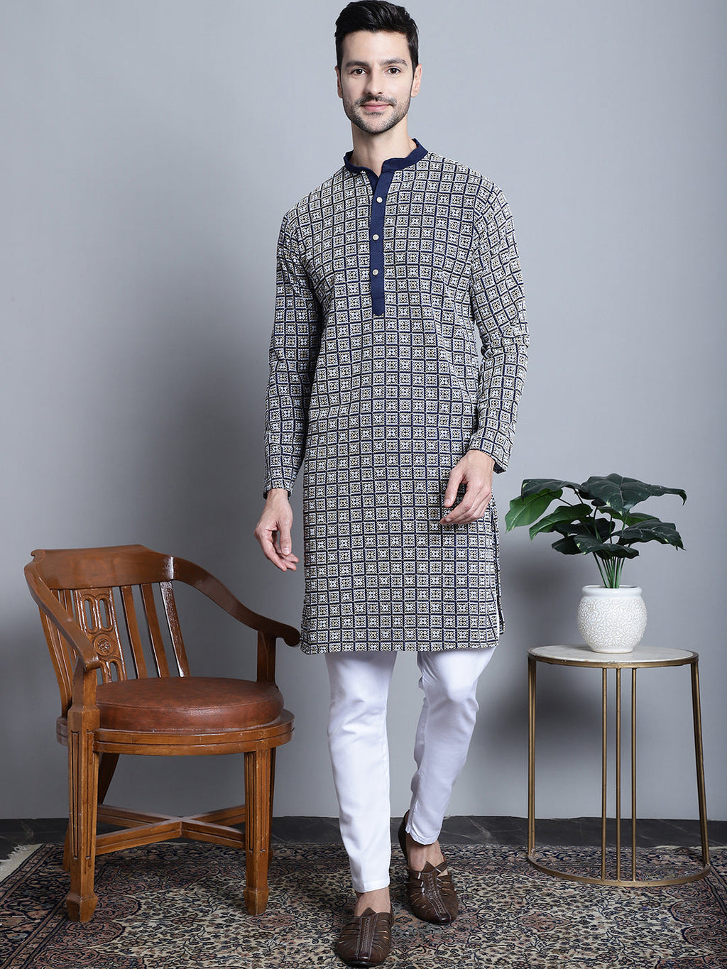 Jompers Men's Navy Blue Embroidered Kurta with Pyjama | Grocsy