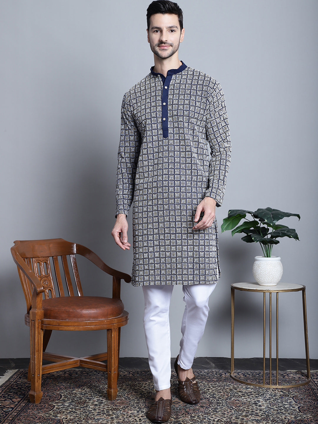 Jompers Men's Navy Blue Embroidered Kurta with Pyjama | Grocsy