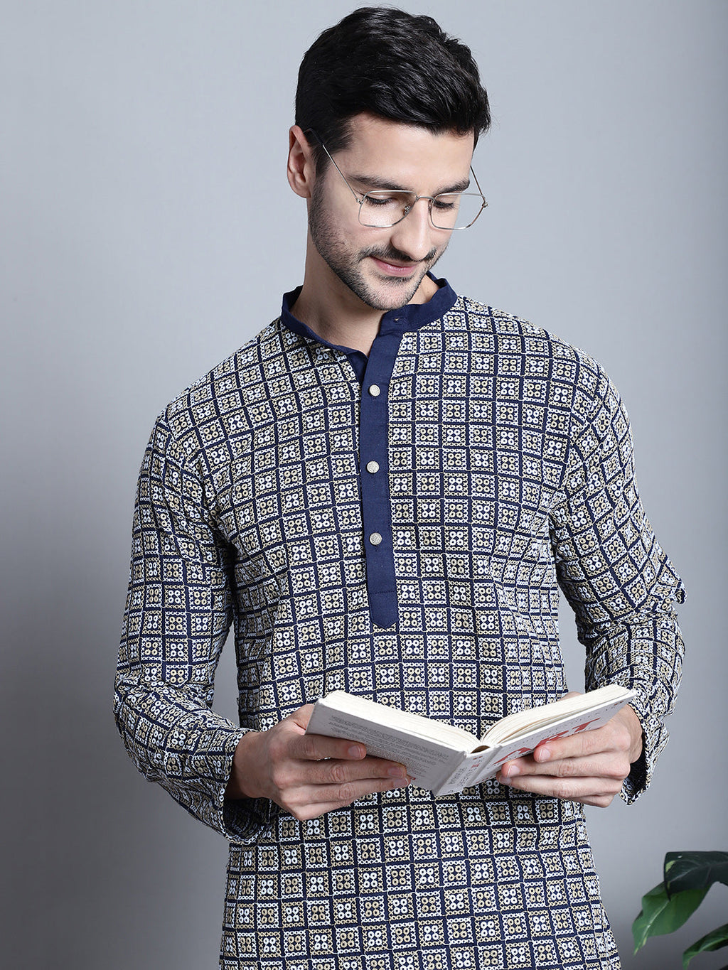 Jompers Men's Navy Blue Embroidered Kurta with Pyjama | Grocsy