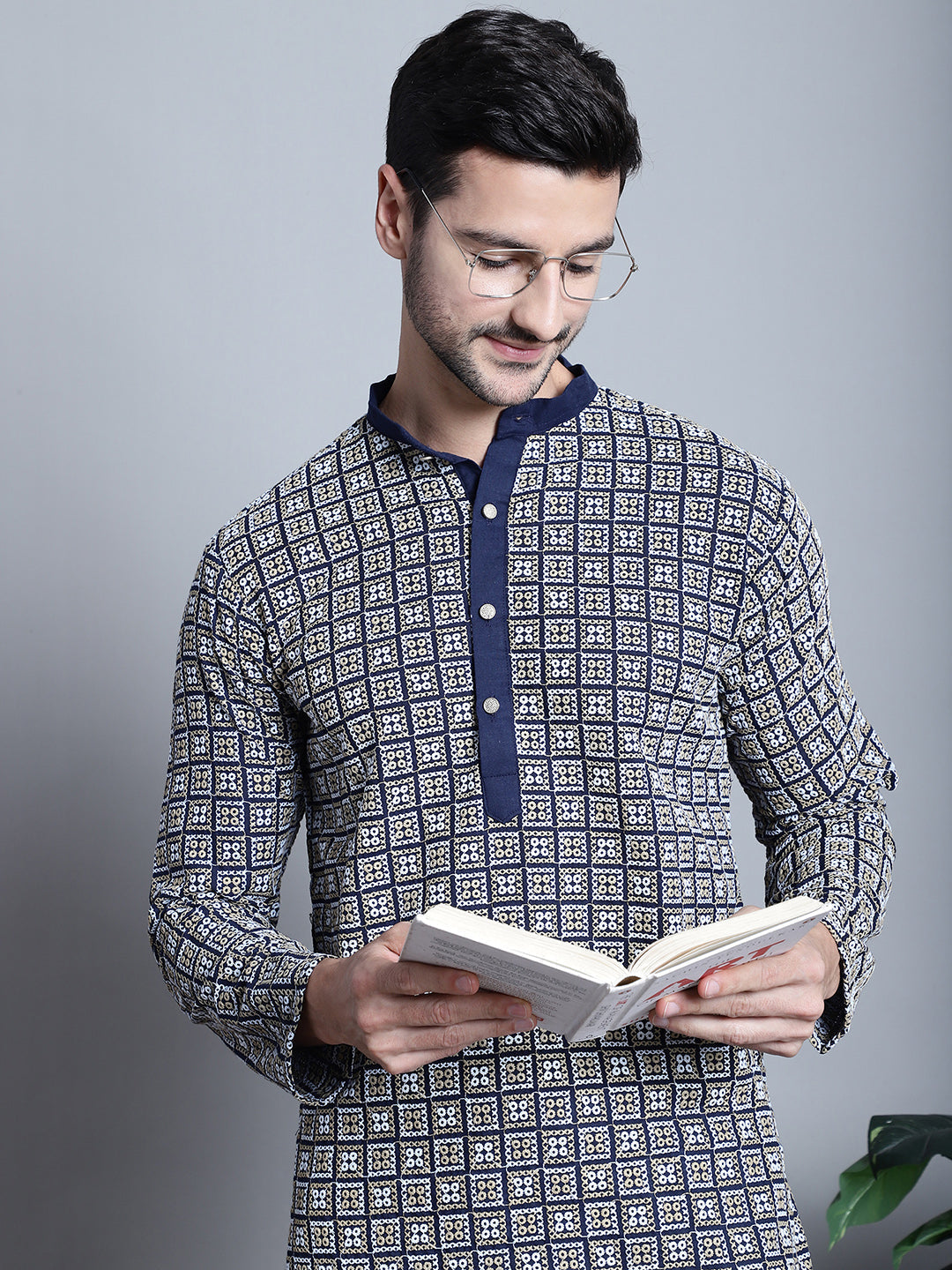 Jompers Men's Navy Blue Embroidered Kurta with Pyjama | Grocsy