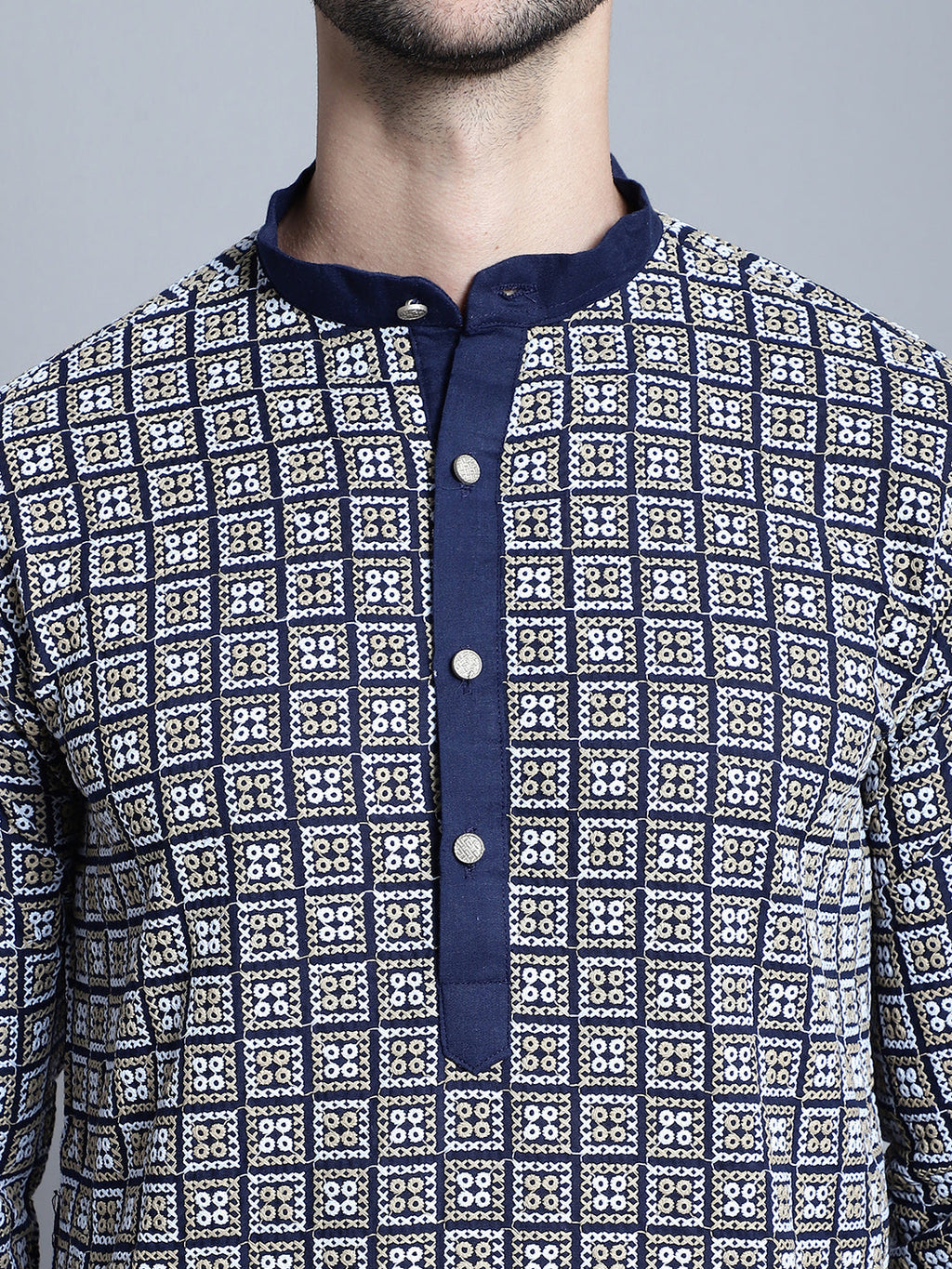 Jompers Men's Navy Blue Embroidered Kurta with Pyjama | Grocsy