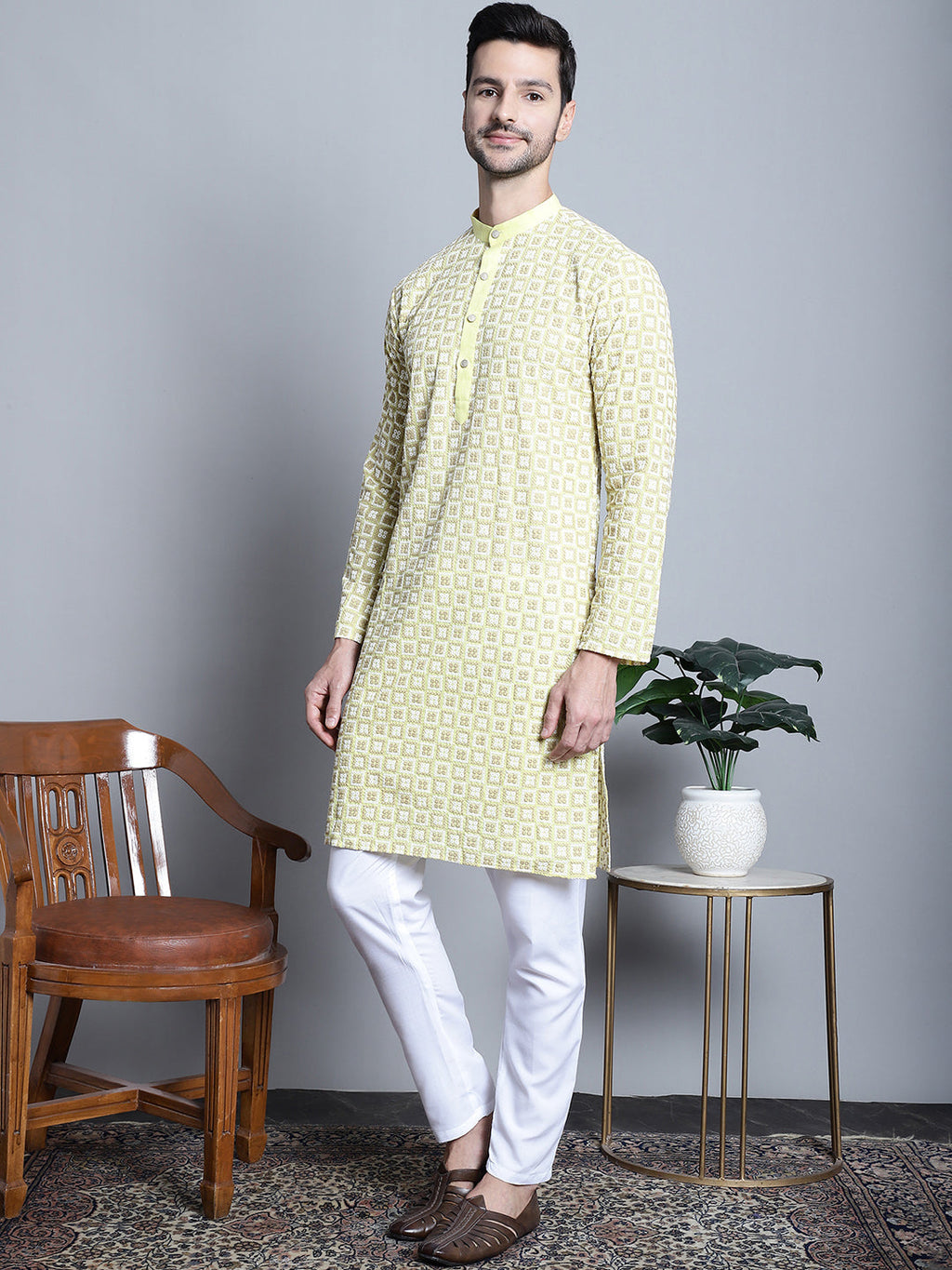 Jompers Men's Yellow Embroidered Kurta with Pyjama | Grocsy