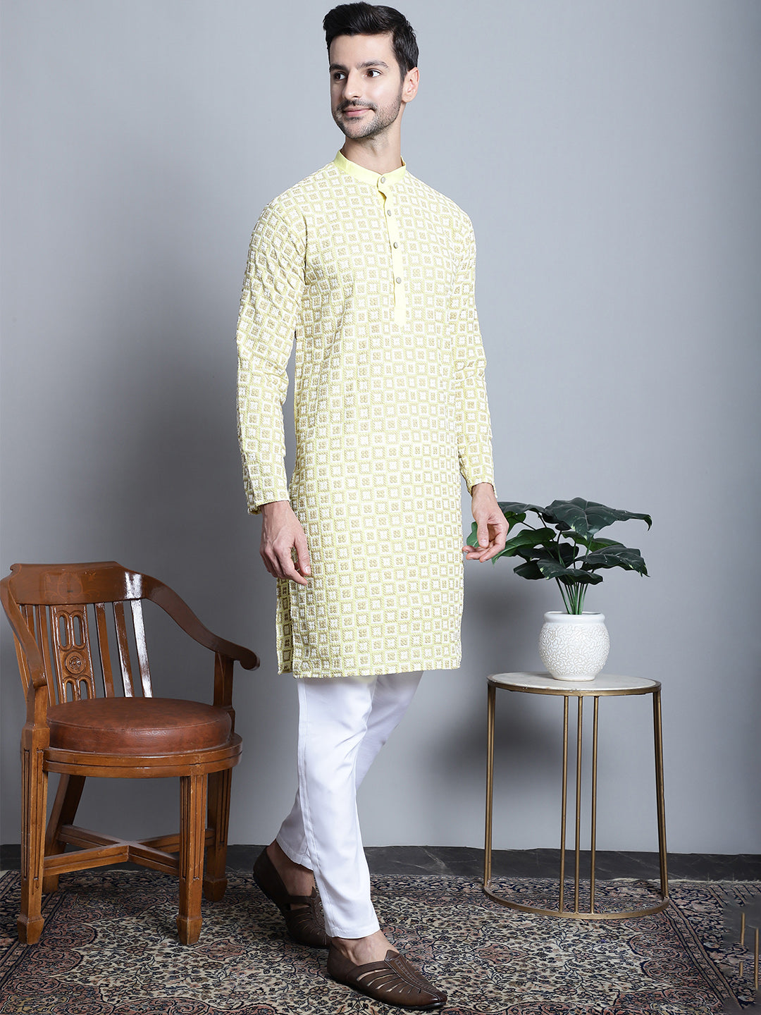 Jompers Men's Yellow Embroidered Kurta with Pyjama | Grocsy