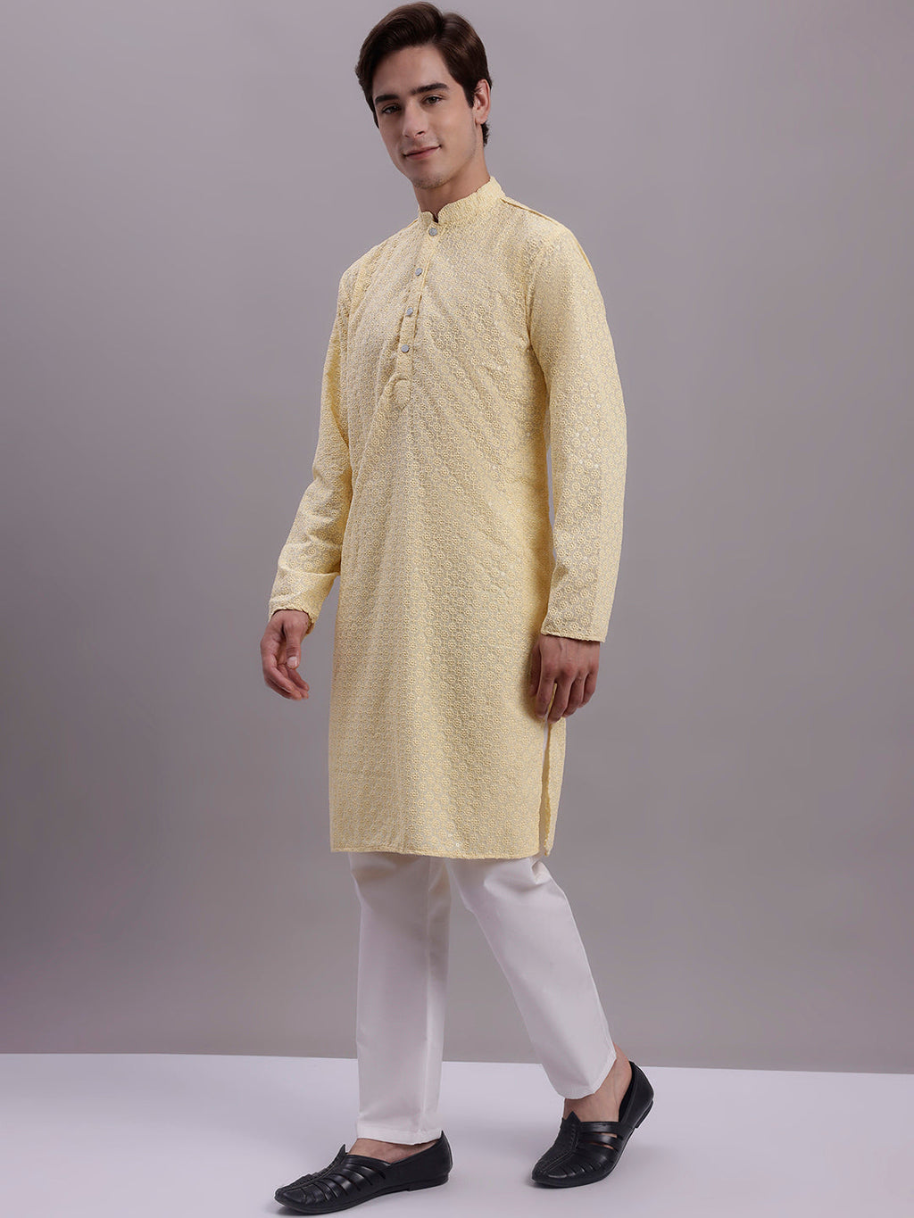 Jompers Men's Yellow Chikankari Embroidered and Sequence Kurta with Pyjama | Grocsy