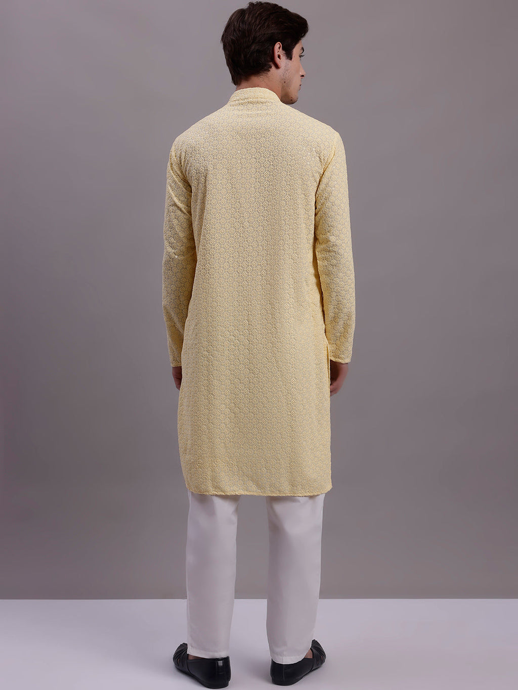 Jompers Men's Yellow Chikankari Embroidered and Sequence Kurta with Pyjama | Grocsy