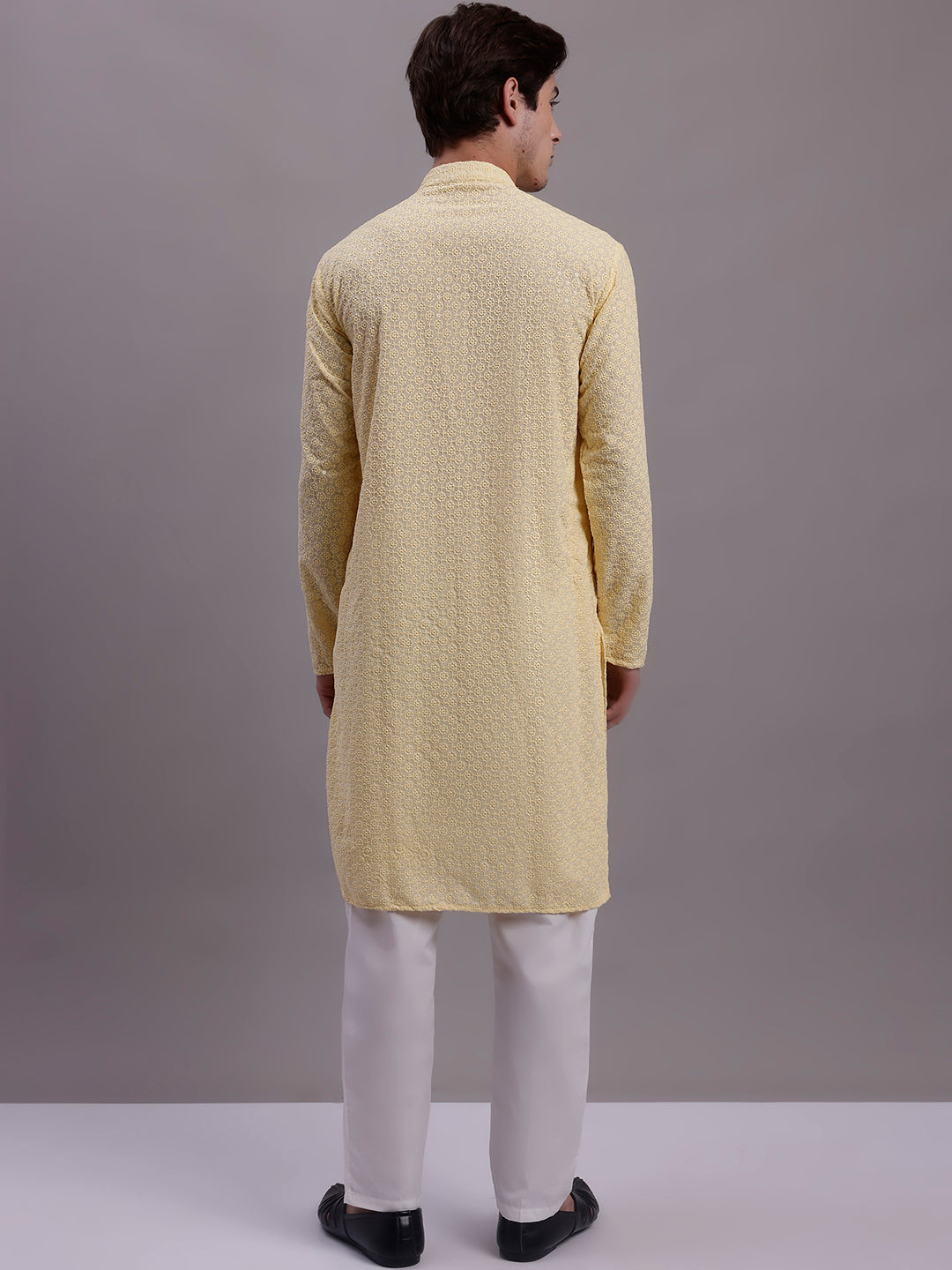 Jompers Men's Yellow Chikankari Embroidered and Sequence Kurta with Pyjama | Grocsy