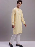 Jompers Men's Yellow Chikankari Embroidered and Sequence Kurta with Pyjama | Grocsy