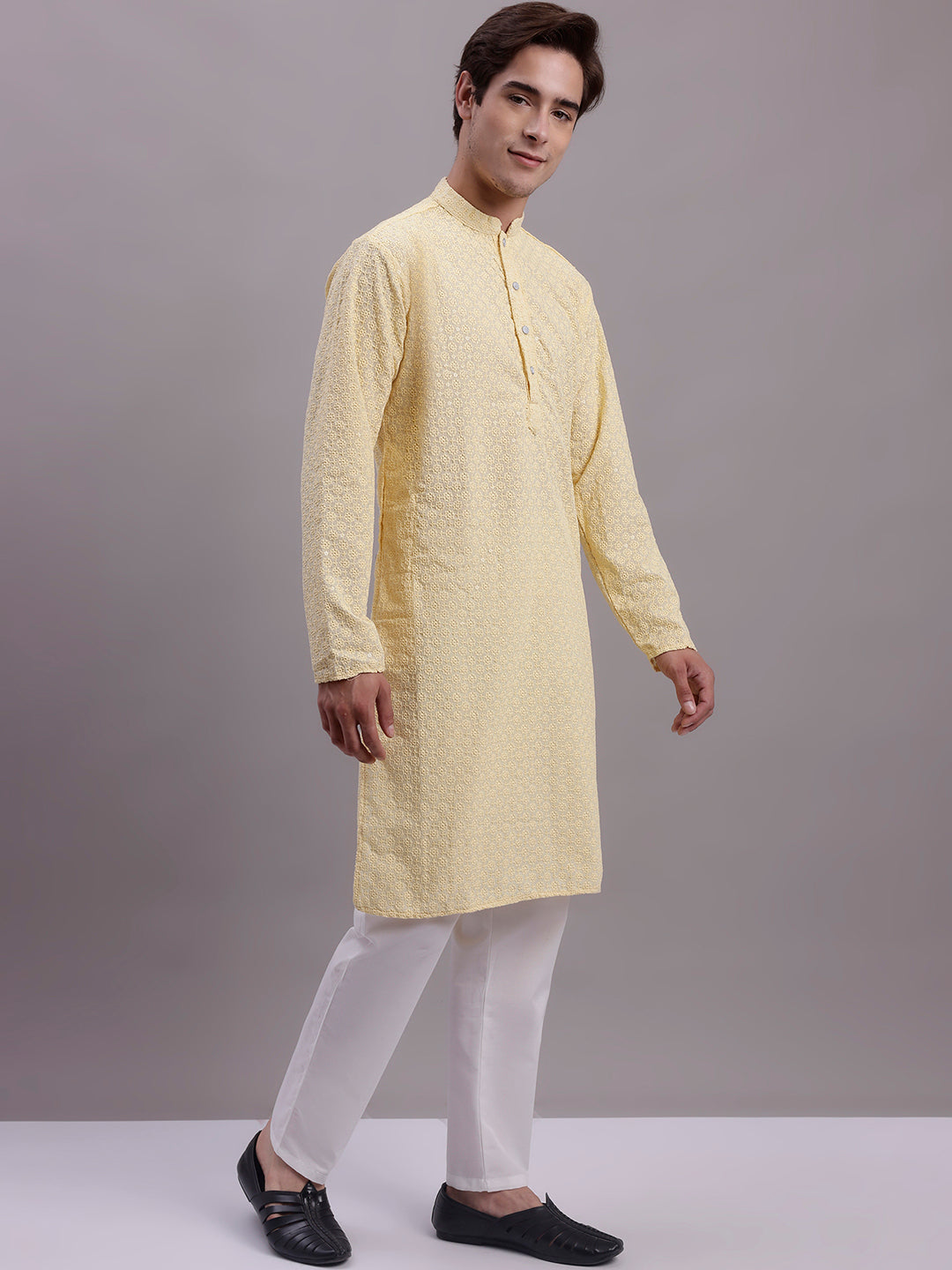 Jompers Men's Yellow Chikankari Embroidered and Sequence Kurta with Pyjama | Grocsy