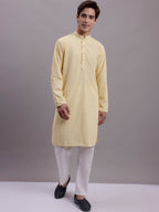 Jompers Men's Yellow Chikankari Embroidered and Sequence Kurta with Pyjama | Grocsy