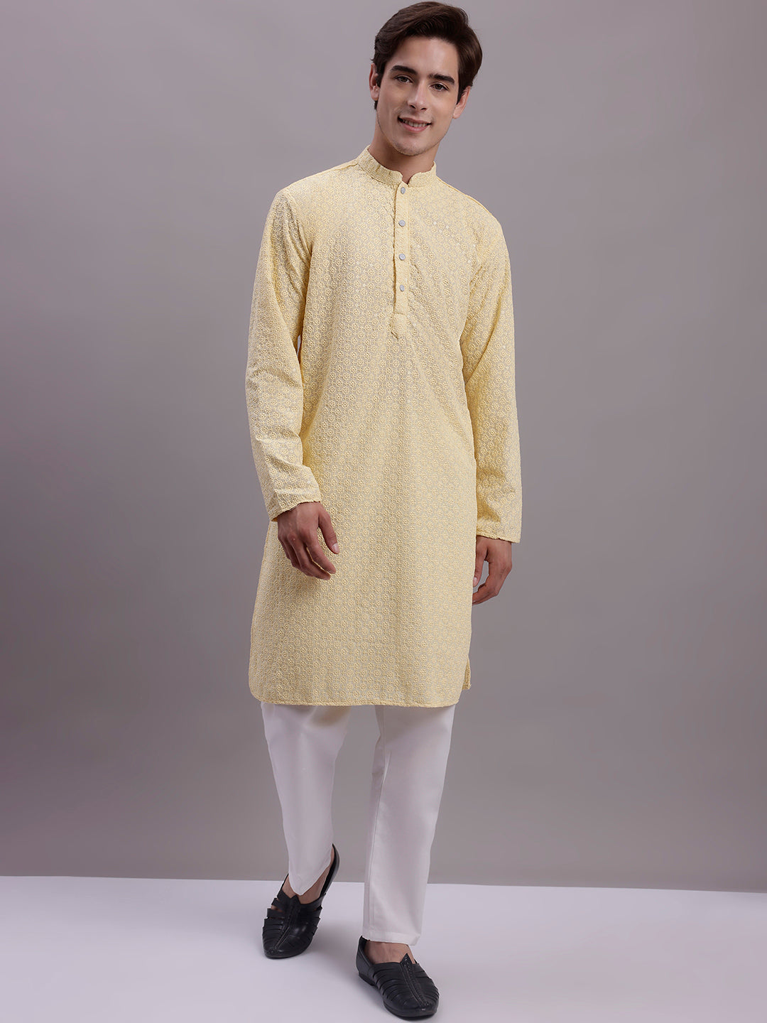 Jompers Men's Yellow Chikankari Embroidered and Sequence Kurta with Pyjama | Grocsy