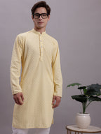 Jompers Men's Yellow Chikankari Embroidered and Sequence Kurta with Pyjama | Grocsy