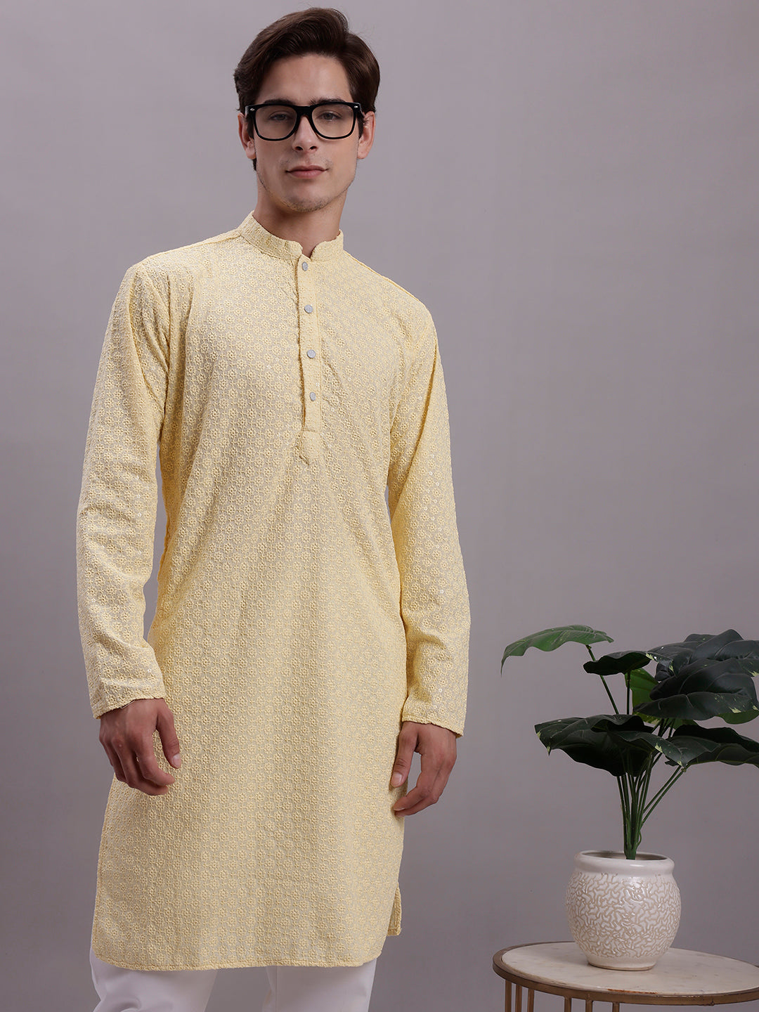 Jompers Men's Yellow Chikankari Embroidered and Sequence Kurta with Pyjama | Grocsy
