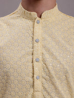 Jompers Men's Yellow Chikankari Embroidered and Sequence Kurta with Pyjama | Grocsy