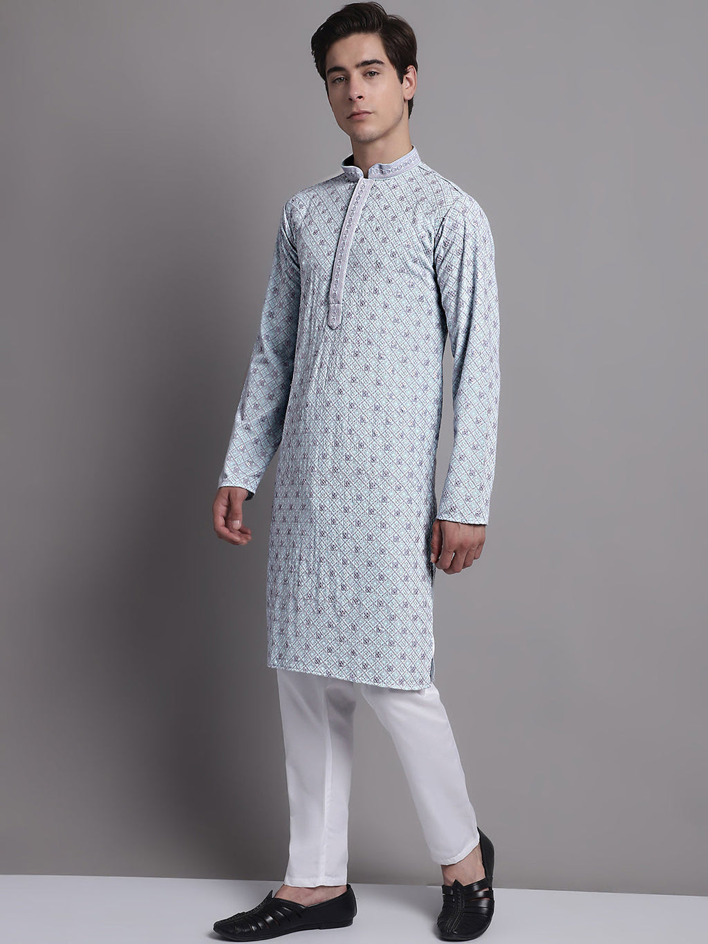 Jompers Men's Blue Chikankari Embroidered and Sequence Kurta with Pyjama | Grocsy