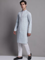 Jompers Men's Blue Chikankari Embroidered and Sequence Kurta with Pyjama | Grocsy