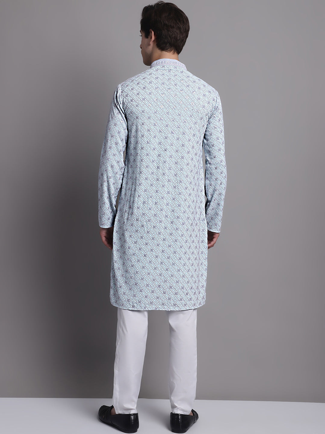 Jompers Men's Blue Chikankari Embroidered and Sequence Kurta with Pyjama | Grocsy