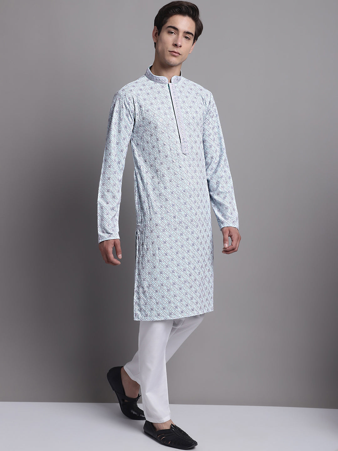 Jompers Men's Blue Chikankari Embroidered and Sequence Kurta with Pyjama | Grocsy