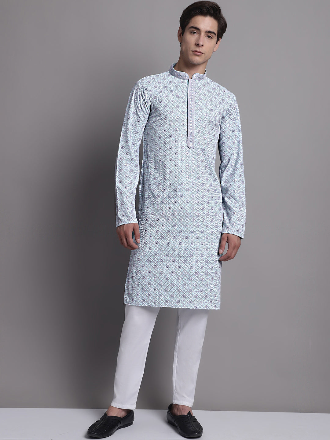 Jompers Men's Blue Chikankari Embroidered and Sequence Kurta with Pyjama | Grocsy