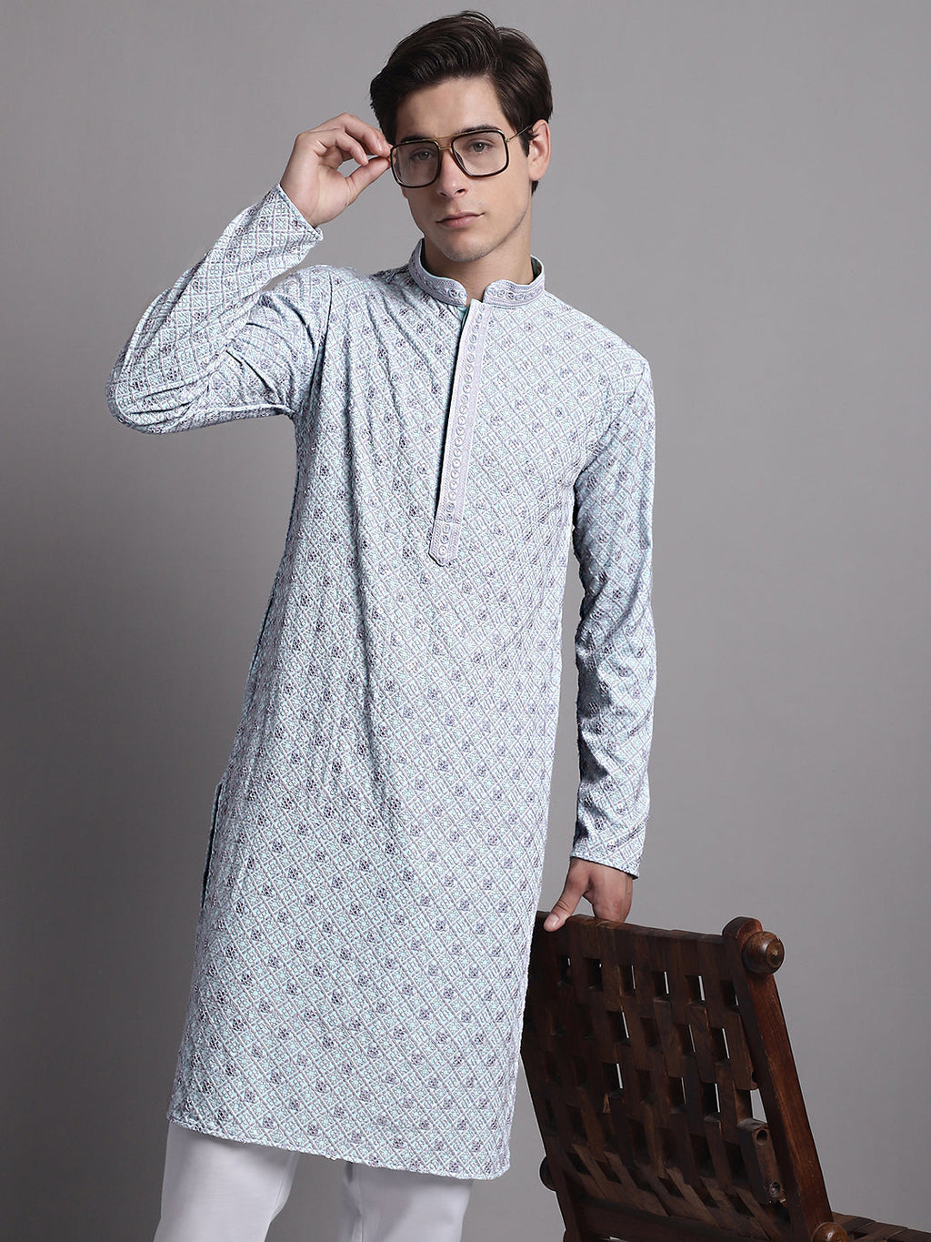 Jompers Men's Blue Chikankari Embroidered and Sequence Kurta with Pyjama | Grocsy
