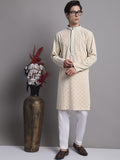 Jompers Men's Peach Chikankari Embroidered and Sequence Kurta with Pyjama | Grocsy