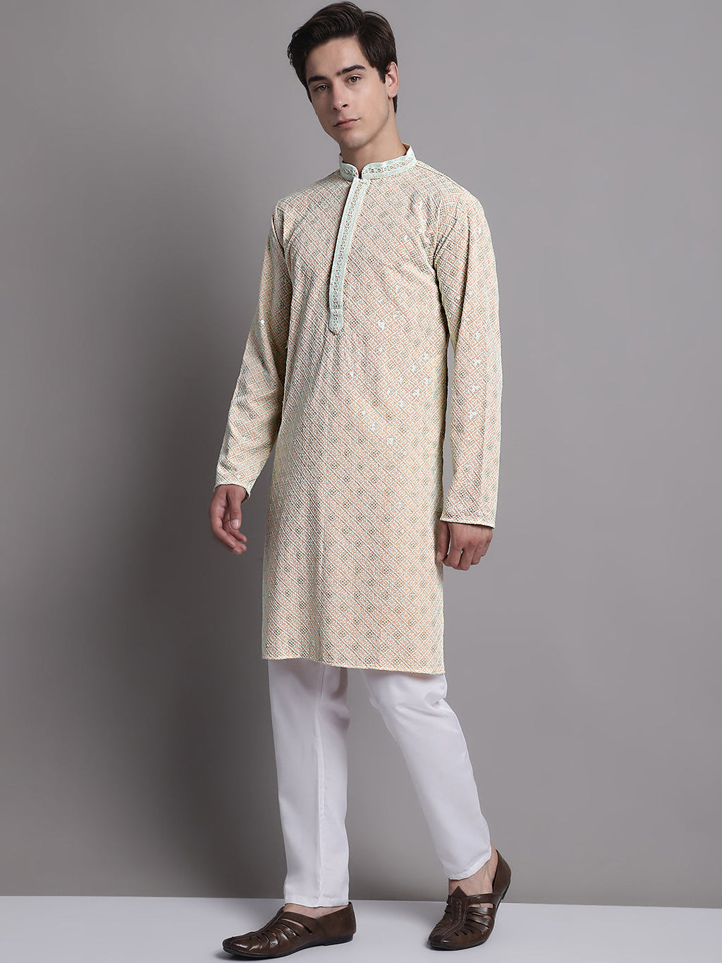 Jompers Men's Peach Chikankari Embroidered and Sequence Kurta with Pyjama | Grocsy