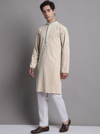 Jompers Men's Peach Chikankari Embroidered and Sequence Kurta with Pyjama | Grocsy