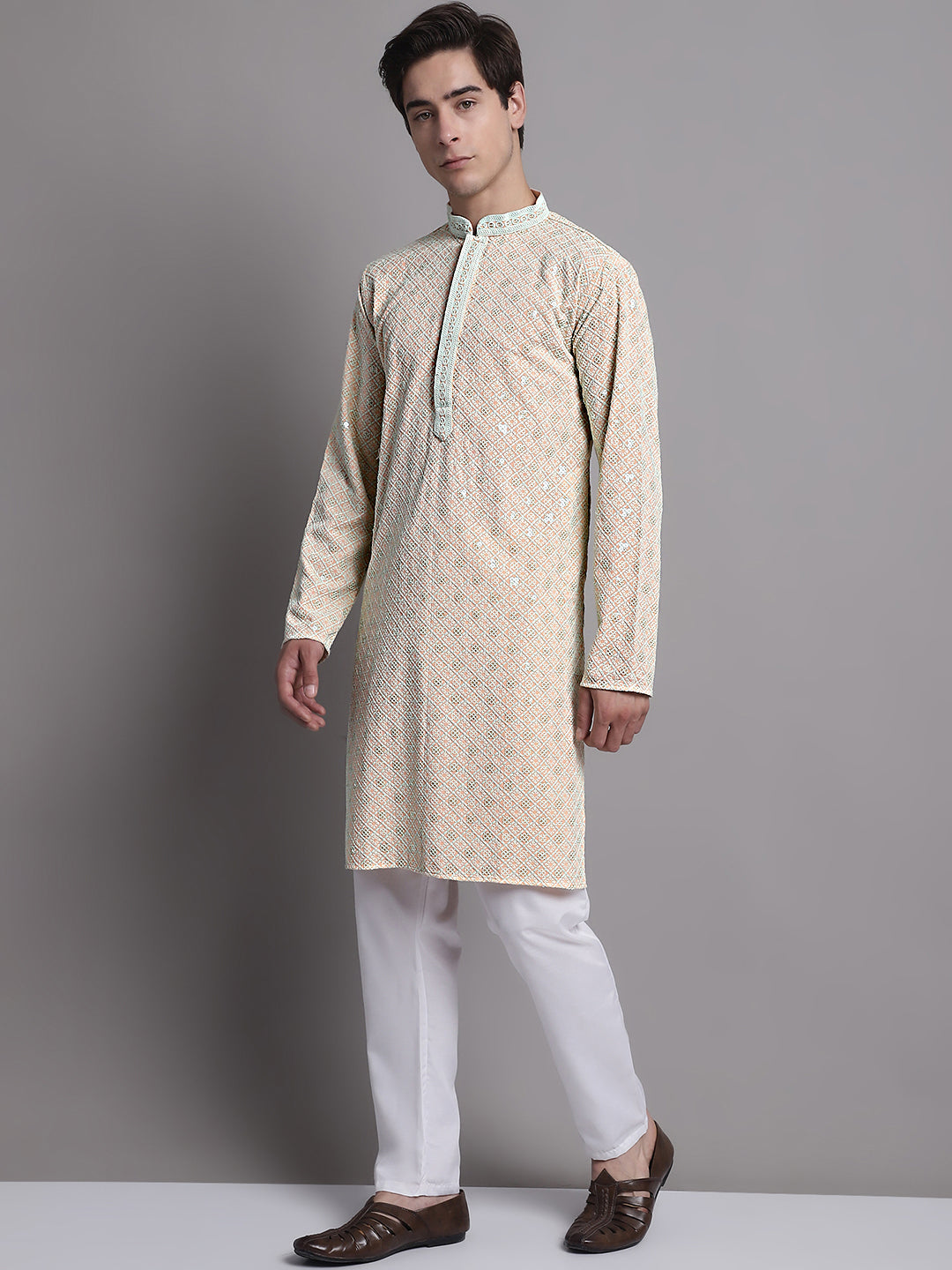Jompers Men's Peach Chikankari Embroidered and Sequence Kurta with Pyjama | Grocsy