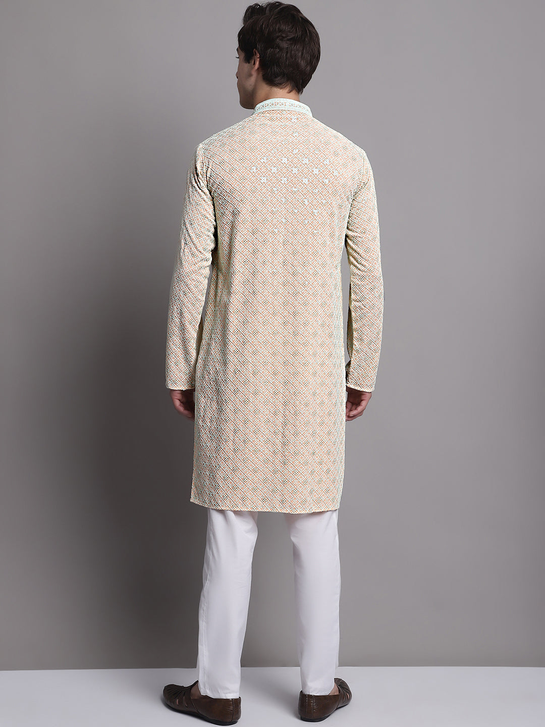 Jompers Men's Peach Chikankari Embroidered and Sequence Kurta with Pyjama | Grocsy