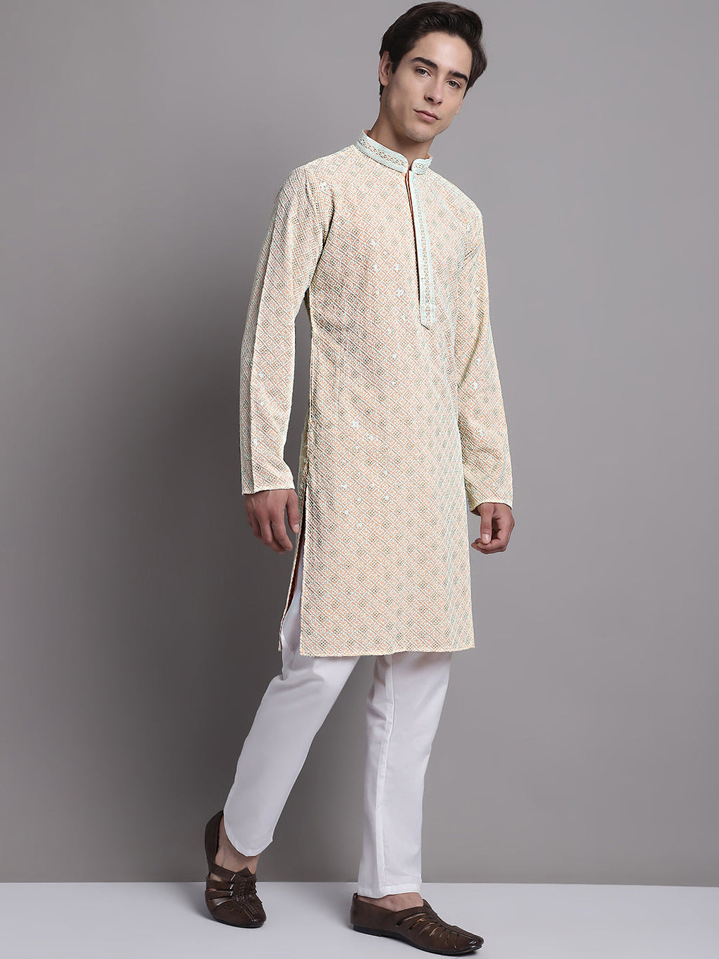 Jompers Men's Peach Chikankari Embroidered and Sequence Kurta with Pyjama | Grocsy