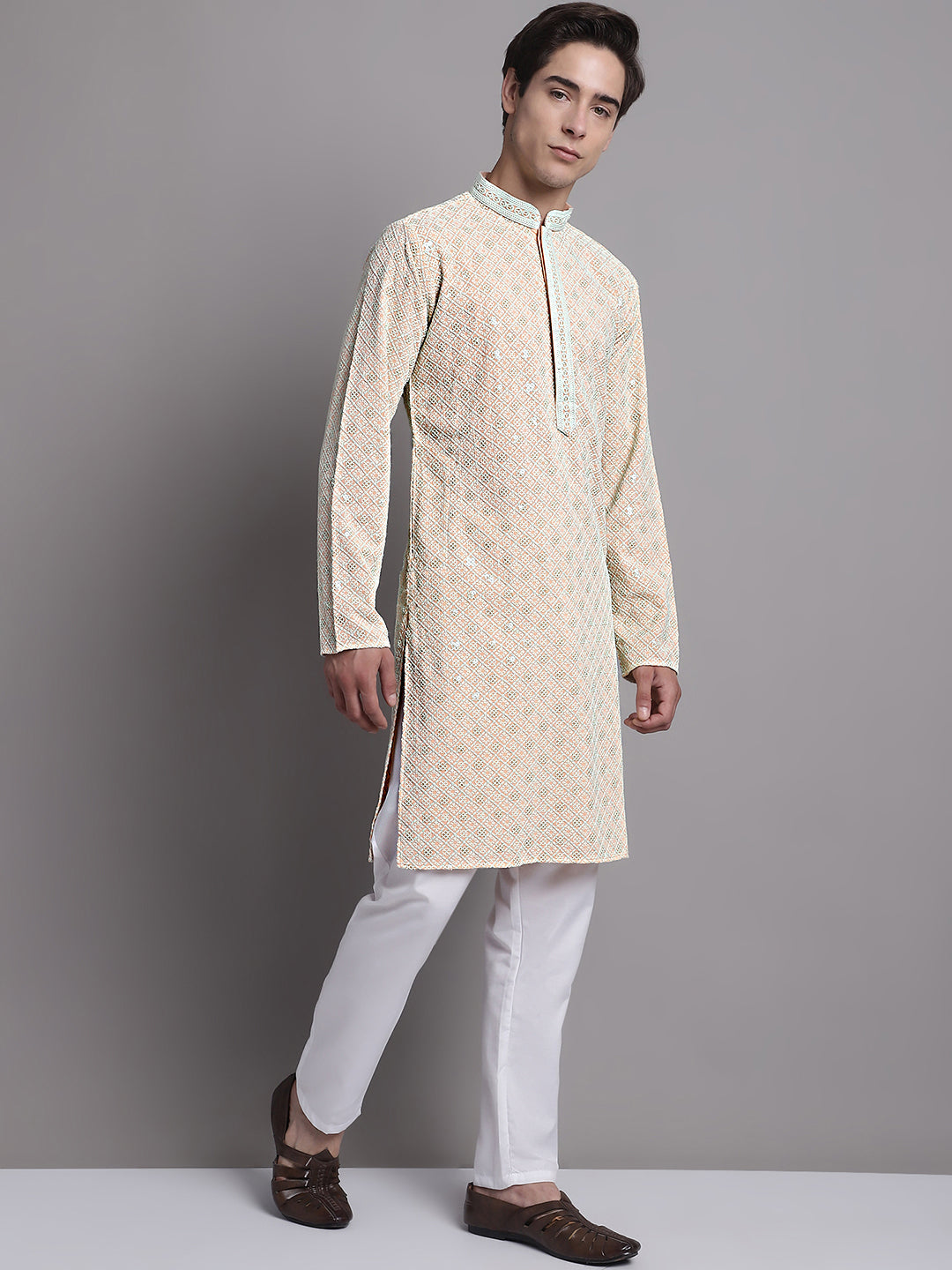Jompers Men's Peach Chikankari Embroidered and Sequence Kurta with Pyjama | Grocsy
