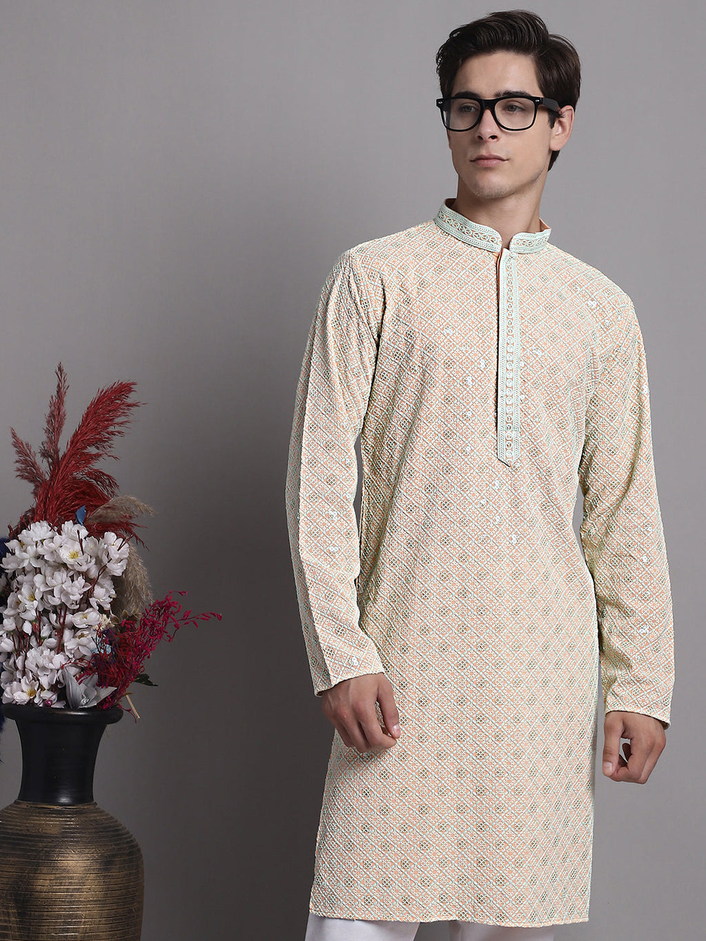 Jompers Men's Peach Chikankari Embroidered and Sequence Kurta with Pyjama | Grocsy