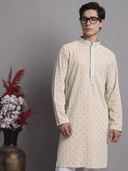 Jompers Men's Peach Chikankari Embroidered and Sequence Kurta with Pyjama | Grocsy