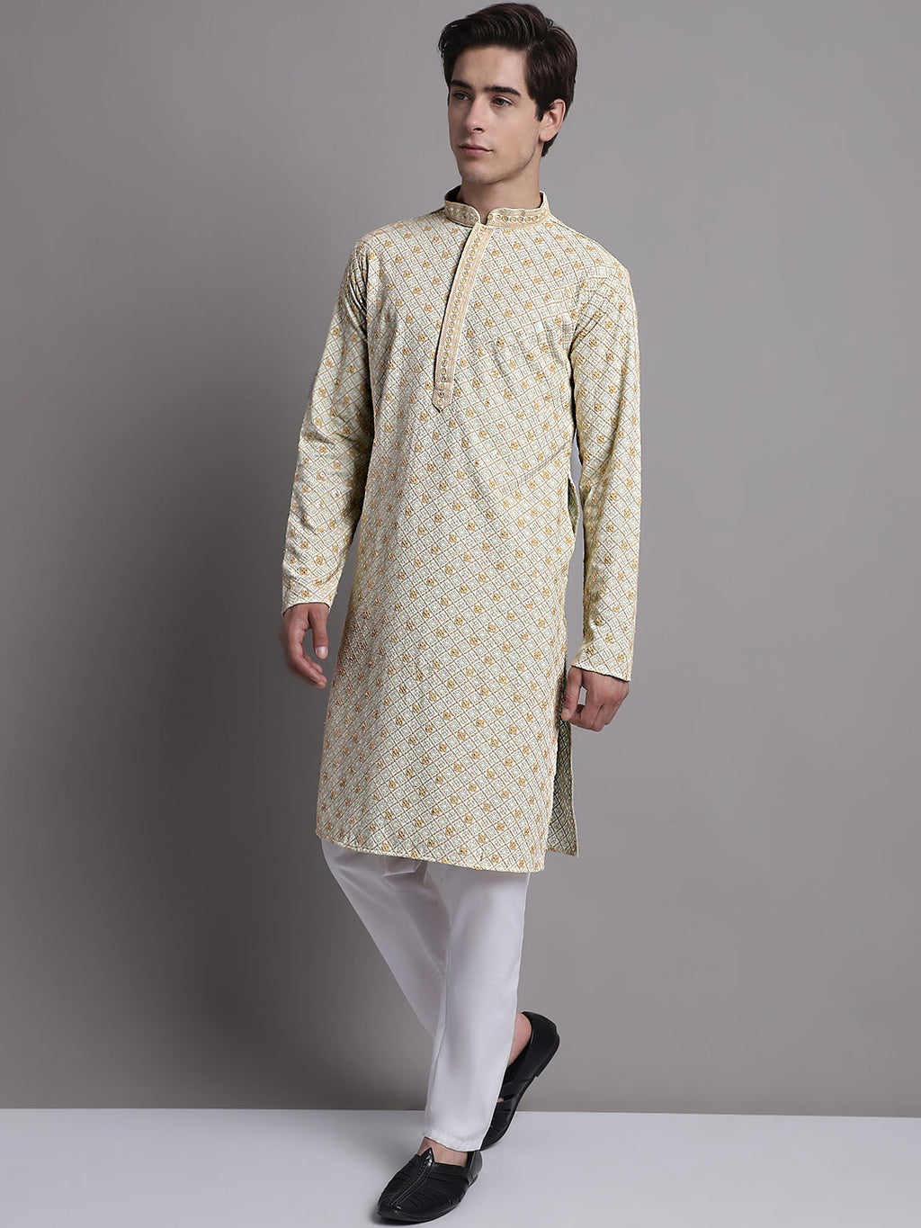 Jompers Men's Light Green Chikankari Embroidered and Sequence Kurta with Pyjama | Grocsy