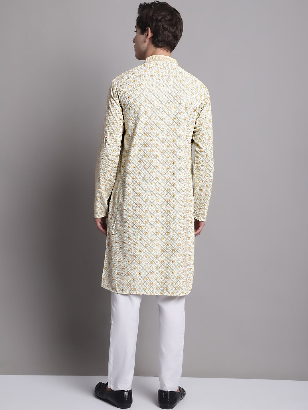 Jompers Men's Light Green Chikankari Embroidered and Sequence Kurta with Pyjama | Grocsy