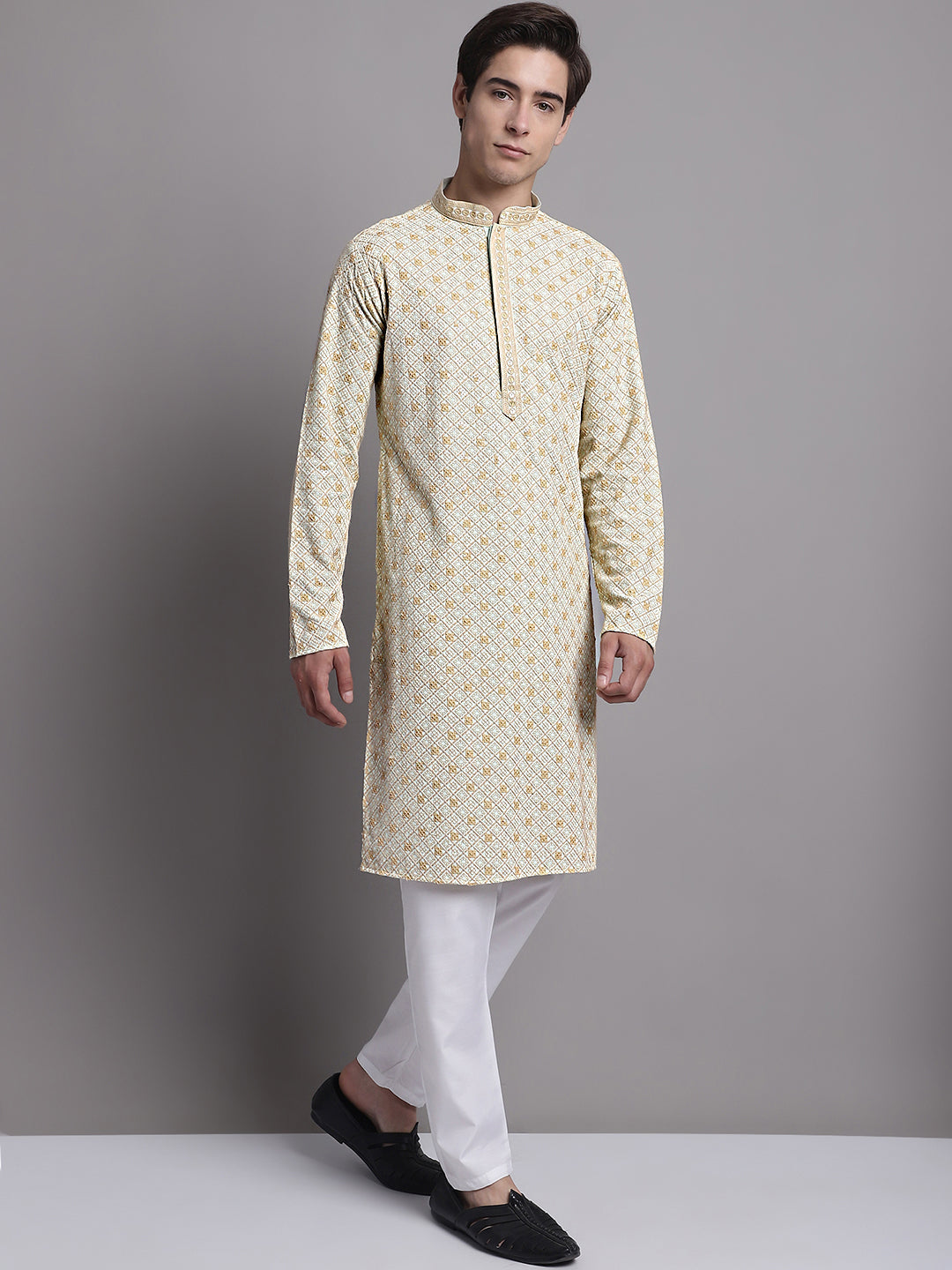 Jompers Men's Light Green Chikankari Embroidered and Sequence Kurta with Pyjama | Grocsy